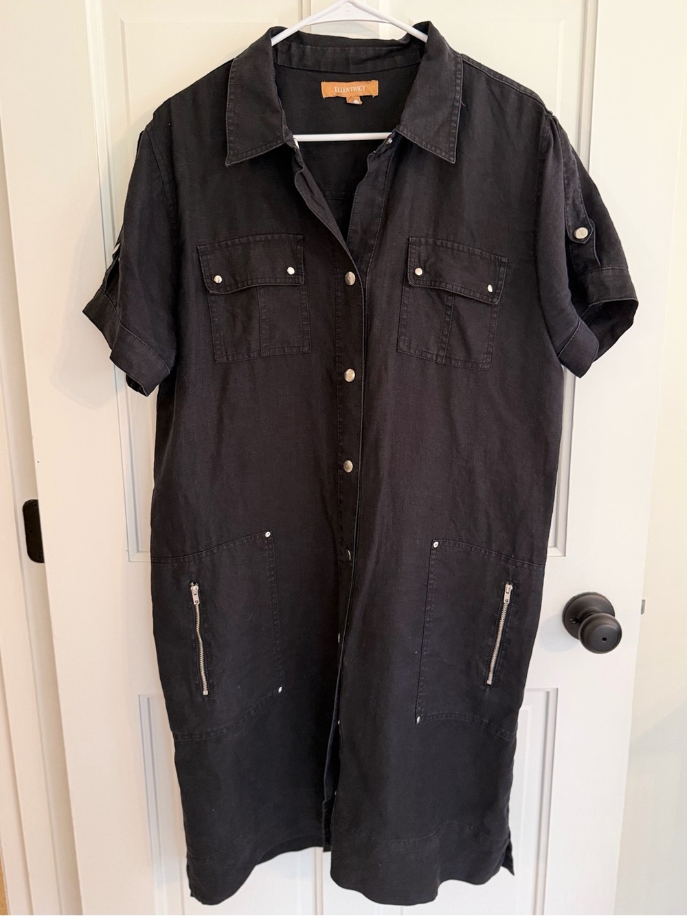 Ellen Tracy 100% Linen Black Shirt Dress Roll Tab Sleeves Utility Size L
